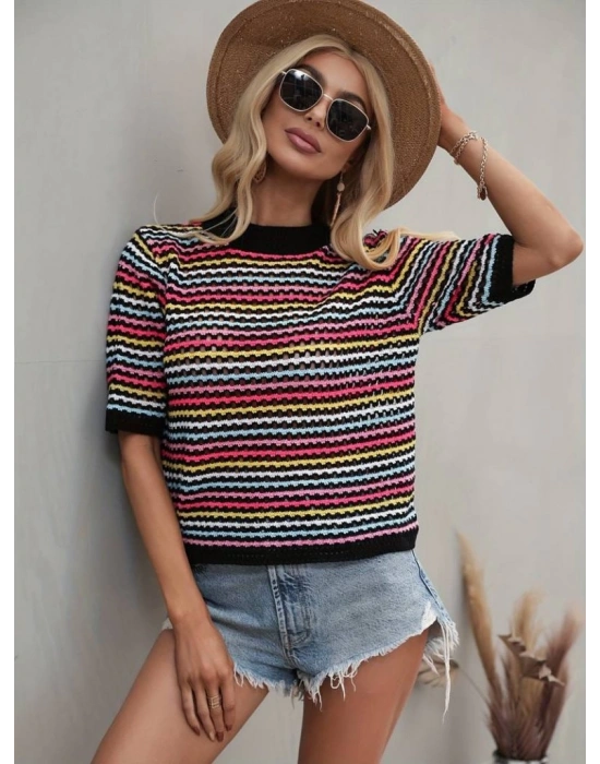 Kadın Kısa Kollu Bisiklet Yaka Renkli şerit Detaylı Triko Bluz