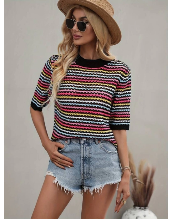 Kadın Kısa Kollu Bisiklet Yaka Renkli şerit Detaylı Triko Bluz
