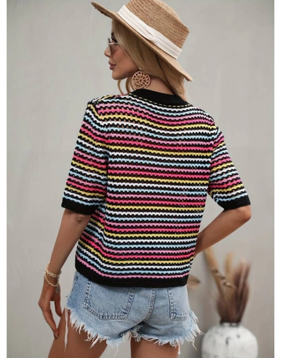 Kadın Kısa Kollu Bisiklet Yaka Renkli şerit Detaylı Triko Bluz