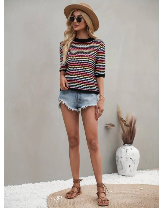 Kadın Kısa Kollu Bisiklet Yaka Renkli şerit Detaylı Triko Bluz