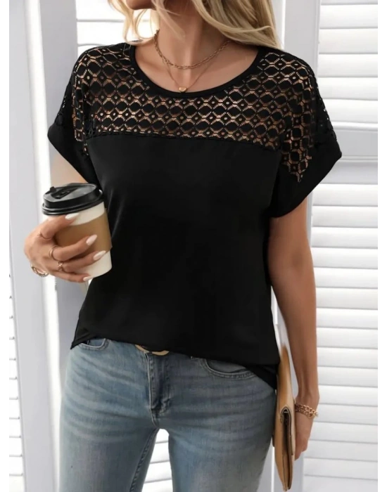 Kadın Kısa Kollu Bisiklet Yaka Salaş Viskon Bluz