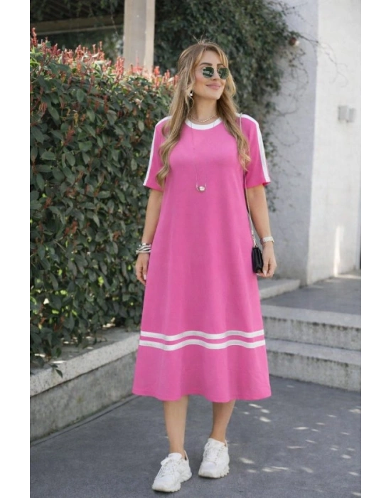 Kadın Kısa Kollu Bisiklet Yaka şerit Detaylı Midi Viskon Elbise