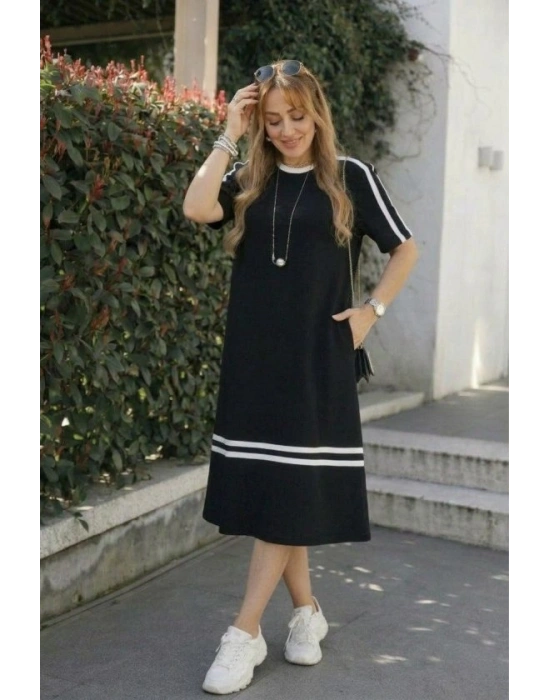 Kadın Kısa Kollu Bisiklet Yaka şerit Detaylı Midi Viskon Elbise