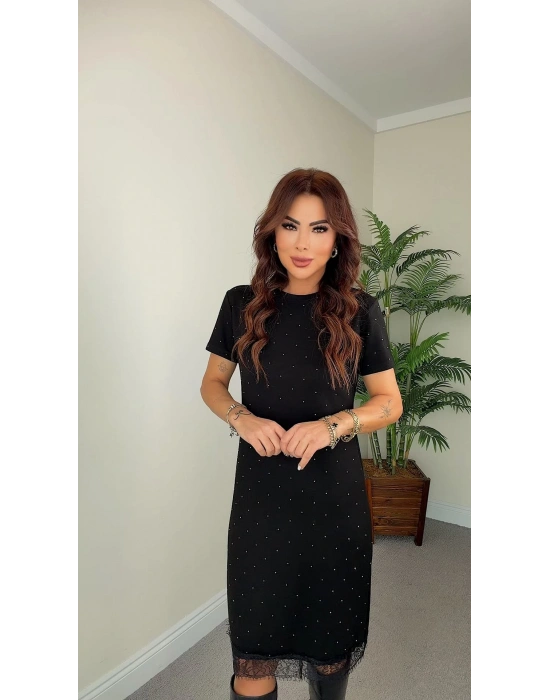 Kadın Kısa Kollu Bisiklet Yaka Taş Ve Dantel Detay Midi Boy Elbise