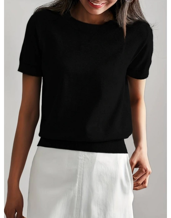 Kadın Kısa Kollu Bisiklet Yaka Triko Bluz