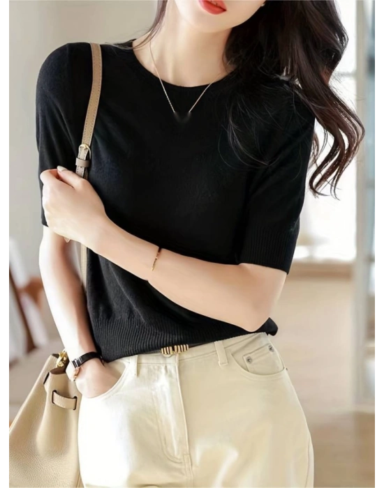 Kadın Kısa Kollu Bisiklet Yaka Triko Bluz