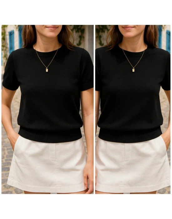 Kadın Kısa Kollu Bisiklet Yaka Triko Bluz