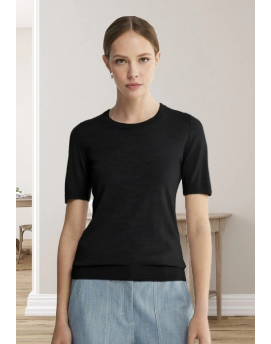 Kadın Kısa Kollu Bisiklet Yaka Triko Bluz