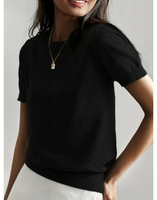 Kadın Kısa Kollu Bisiklet Yaka Triko Bluz