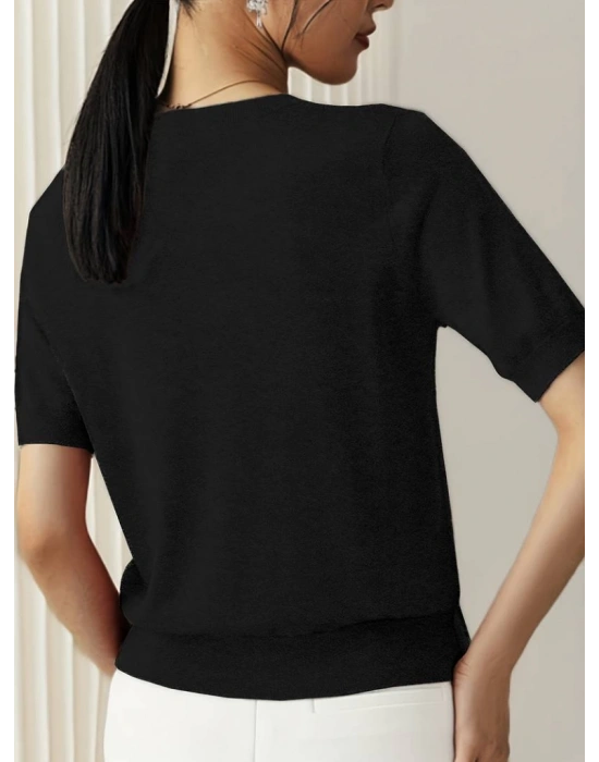 Kadın Kısa Kollu Bisiklet Yaka Triko Bluz