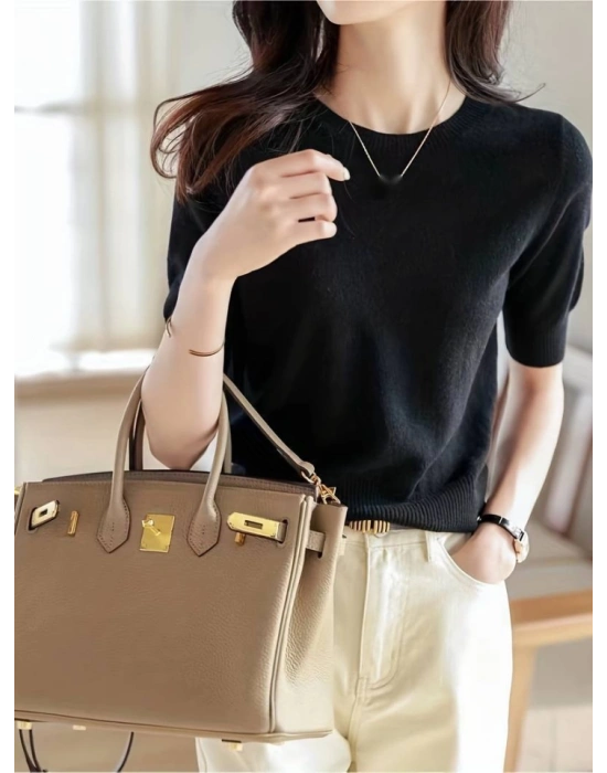 Kadın Kısa Kollu Bisiklet Yaka Triko Bluz