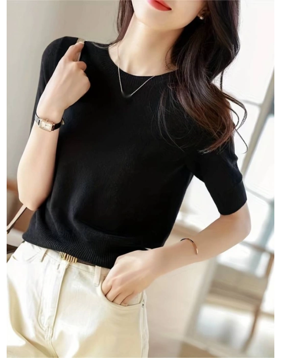 Kadın Kısa Kollu Bisiklet Yaka Triko Bluz