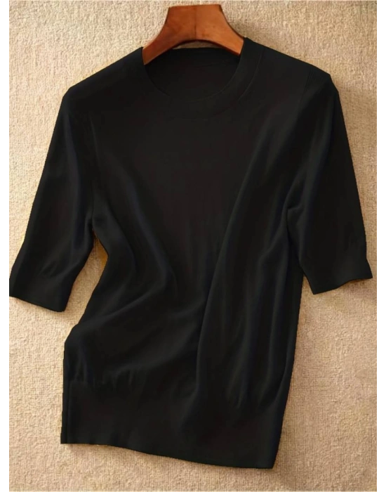 Kadın Kısa Kollu Bisiklet Yaka Triko Bluz