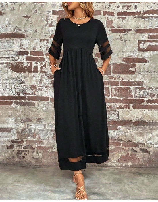 Kadın Kısa Kollu Bisiklet Yaka Tül Detaylı Janjan Krep Maksi Elbise