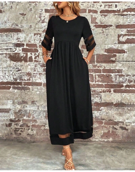 Kadın Kısa Kollu Bisiklet Yaka Tül Detaylı Janjan Krep Maksi Elbise