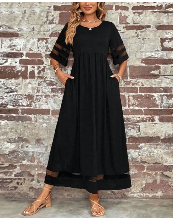 Kadın Kısa Kollu Bisiklet Yaka Tül Detaylı Janjan Krep Maksi Elbise