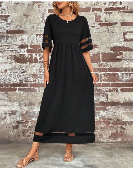 Kadın Kısa Kollu Bisiklet Yaka Tül Detaylı Janjan Krep Maksi Elbise