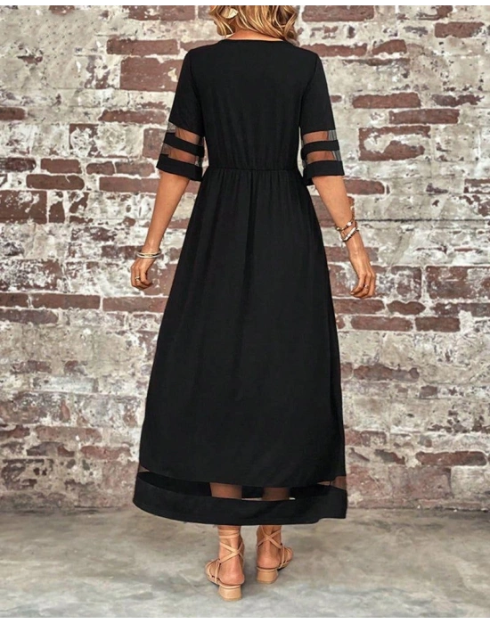 Kadın Kısa Kollu Bisiklet Yaka Tül Detaylı Janjan Krep Maksi Elbise