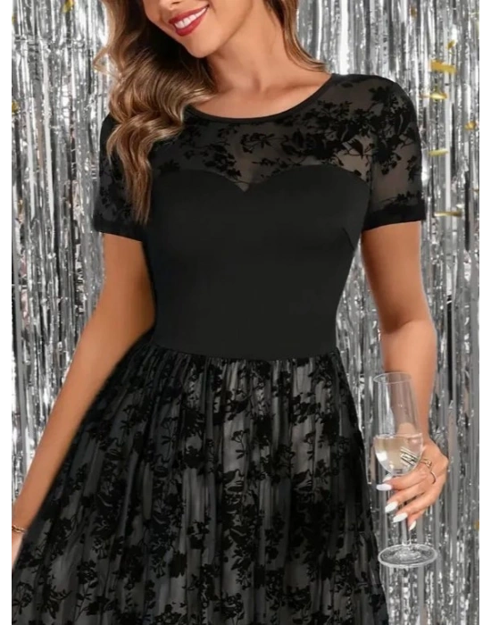 Kadın Kısa Kollu Bisiklet Yaka Tül Flok Baskı Detaylı Elbise