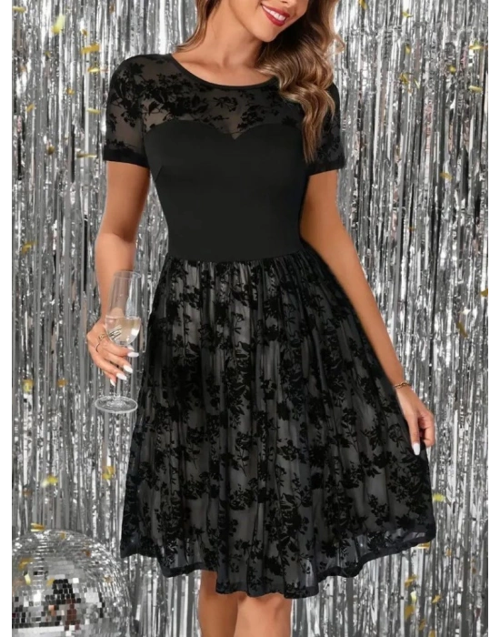 Kadın Kısa Kollu Bisiklet Yaka Tül Flok Baskı Detaylı Elbise