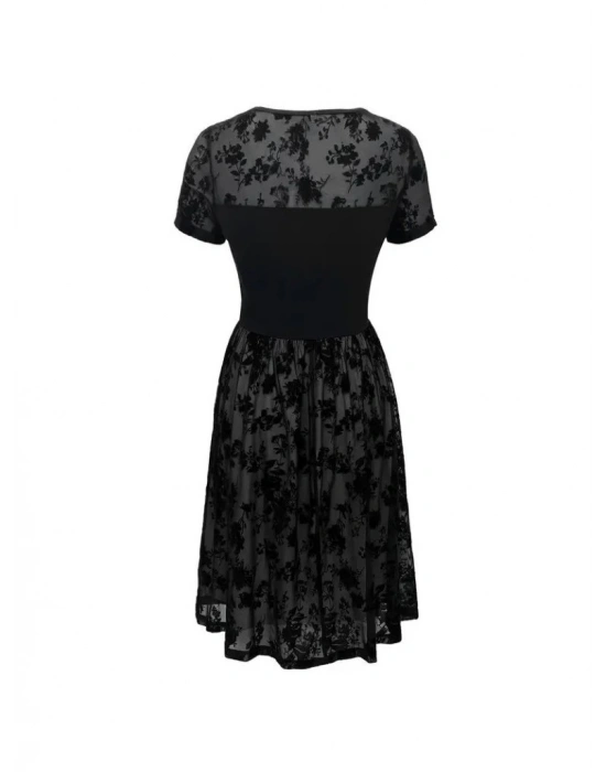 Kadın Kısa Kollu Bisiklet Yaka Tül Flok Baskı Detaylı Elbise