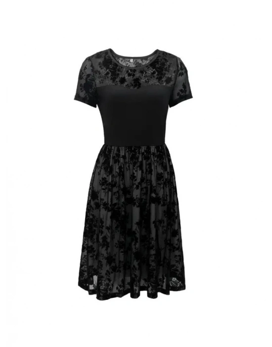 Kadın Kısa Kollu Bisiklet Yaka Tül Flok Baskı Detaylı Elbise