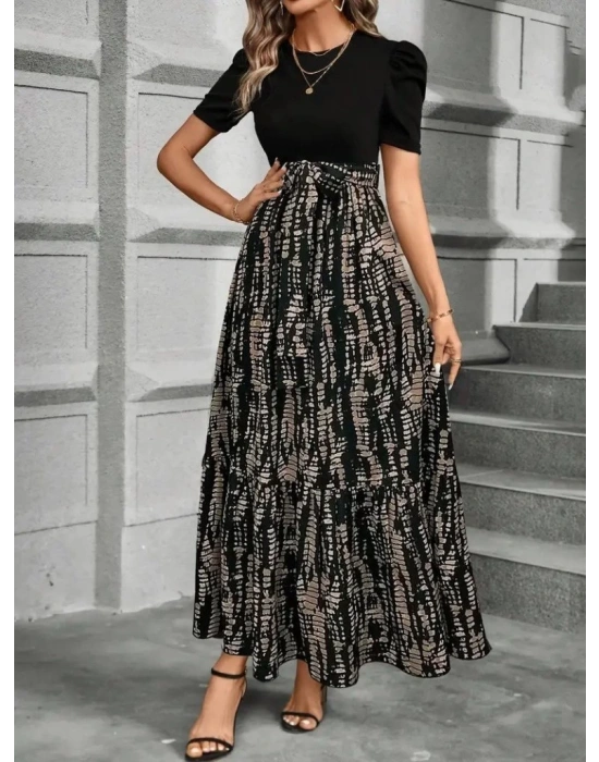 Kadın Kısa Kollu Bisiklet Yaka üst Ithal Krep Alt Süprem Maksi Boy Elbise