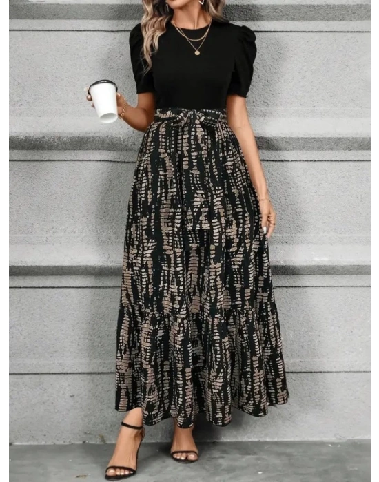 Kadın Kısa Kollu Bisiklet Yaka üst Ithal Krep Alt Süprem Maksi Boy Elbise