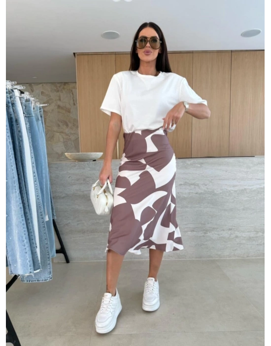 Kadın Kısa Kollu Bisiklet Yaka Viskon Bluz Ve Desenli Süprem Etek Ikili Takım