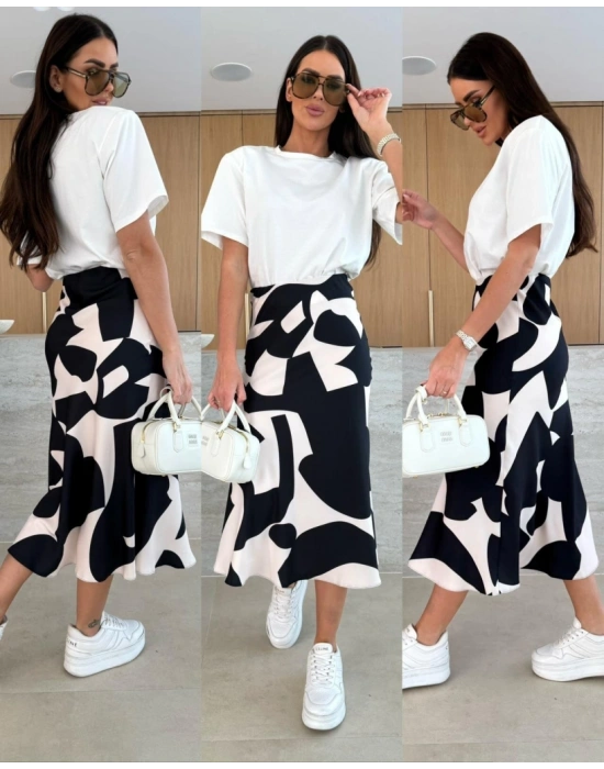 Kadın Kısa Kollu Bisiklet Yaka Viskon Bluz Ve Desenli Süprem Etek Ikili Takım