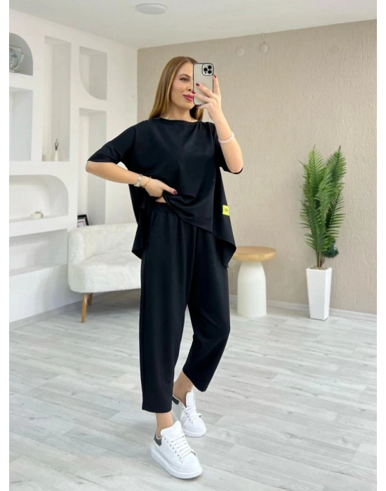 Kadın Kısa Kollu Bisiklet Yaka Viskon Iki Iplik Bluz Ve Pantolon Ikili Takım