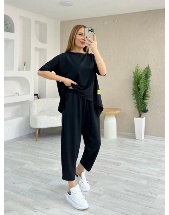 Kadın Kısa Kollu Bisiklet Yaka Viskon Iki Iplik Bluz Ve Pantolon Ikili Takım