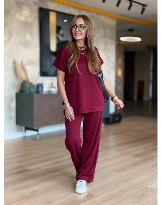 Kadın Kısa Kollu Bisiklet Yaka Viskon Iki Iplik Bluz Ve Pantolon Ikili Takım