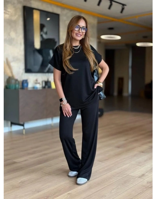 Kadın Kısa Kollu Bisiklet Yaka Viskon Iki Iplik Bluz Ve Pantolon Ikili Takım