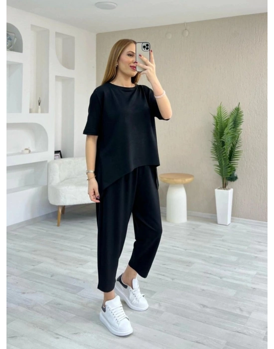 Kadın Kısa Kollu Bisiklet Yaka Viskon Iki Iplik Bluz Ve Pantolon Ikili Takım