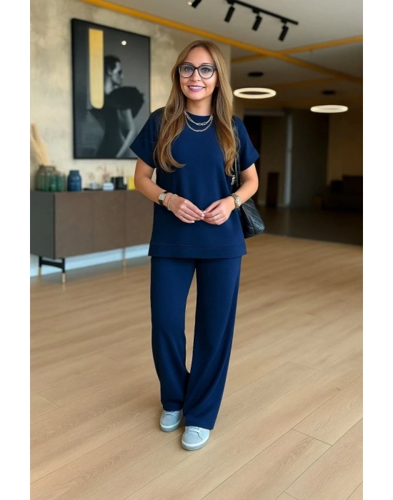 Kadın Kısa Kollu Bisiklet Yaka Viskon Iki Iplik Bluz Ve Pantolon Ikili Takım