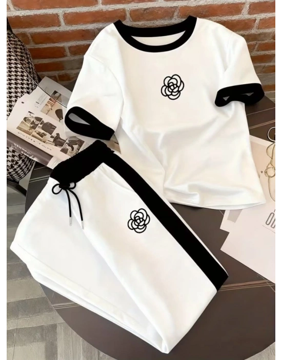 Kadın Kısa Kollu Bisiklet Yaka Viskon Iki Iplik Bluz Ve Pantolon Ikili Takım