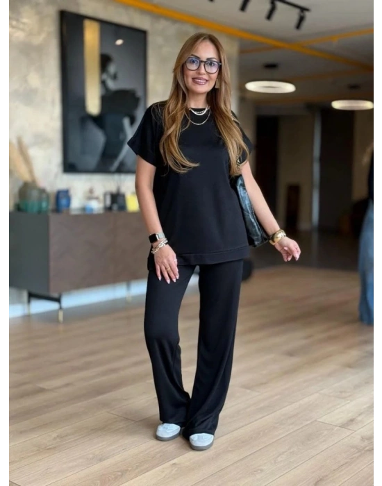 Kadın Kısa Kollu Bisiklet Yaka Viskon Iki Iplik Bluz Ve Pantolon Ikili Takım