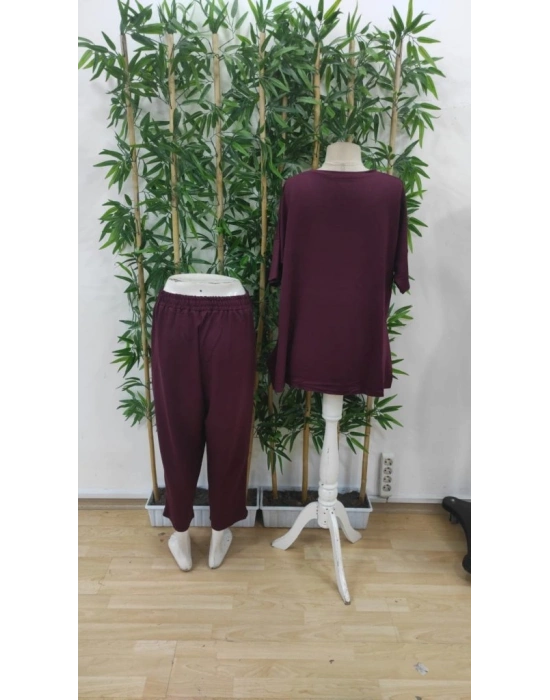 Kadın Kısa Kollu Bisiklet Yaka Viskon Iki Iplik Bluz Ve Pantolon Ikili Takım