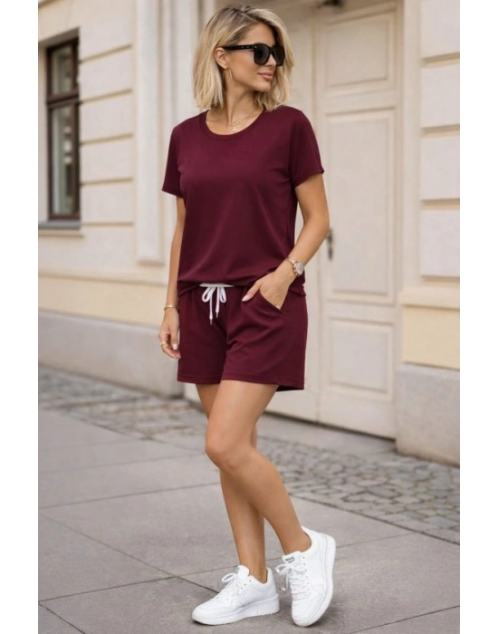 Kadın Kısa Kollu Bisiklet Yaka Viskon Iki Iplik Kumaş Bluz Ve şort Ikili Takım