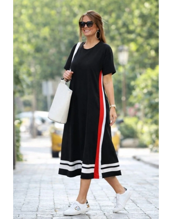 Kadın Kısa Kollu Bisiklet Yaka Yan şerit Detaylı Midi Viskon Elbise