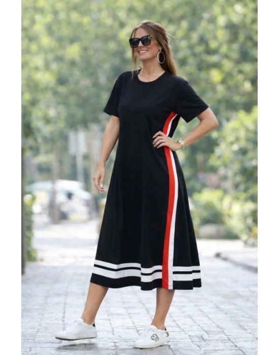 Kadın Kısa Kollu Bisiklet Yaka Yan şerit Detaylı Midi Viskon Elbise