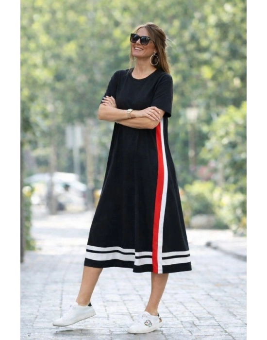 Kadın Kısa Kollu Bisiklet Yaka Yan şerit Detaylı Midi Viskon Elbise