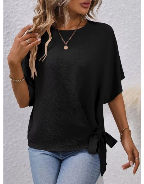 Kadın Kısa Kollu Bisiklet Yaka Yandan Bağcıklı Aerobin Bluz