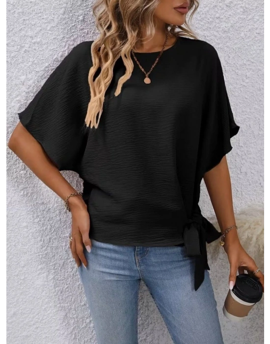 Kadın Kısa Kollu Bisiklet Yaka Yandan Bağcıklı Aerobin Bluz