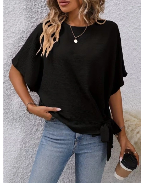 Kadın Kısa Kollu Bisiklet Yaka Yandan Bağcıklı Aerobin Bluz