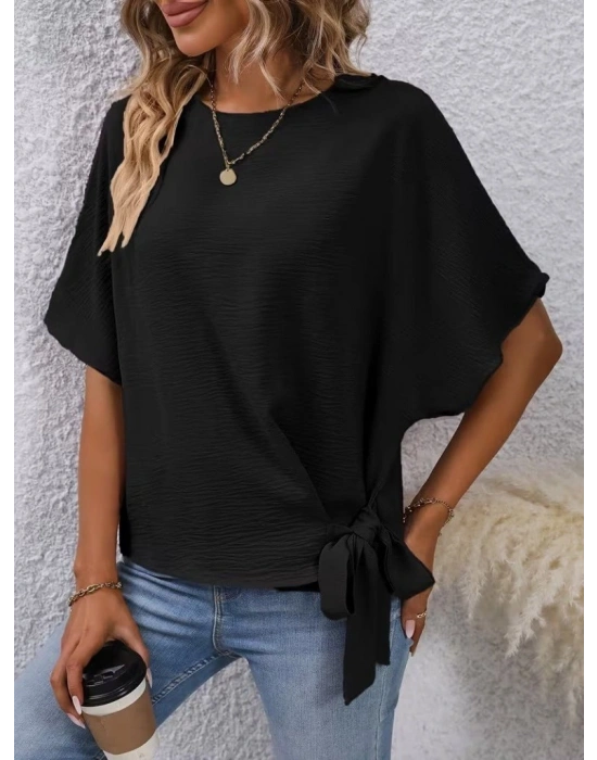 Kadın Kısa Kollu Bisiklet Yaka Yandan Bağcıklı Aerobin Bluz