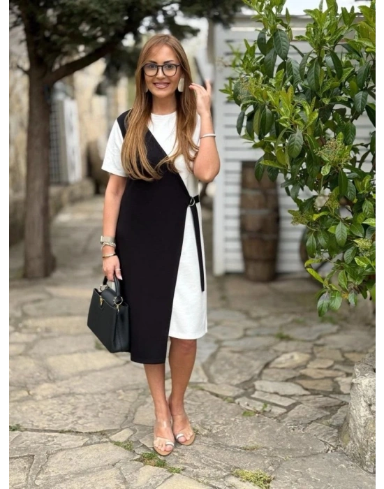 Kadın Kısa Kollu Bisiklet Yaka Yandan Bağcıklı Modal çift Renkli Modal Elbise