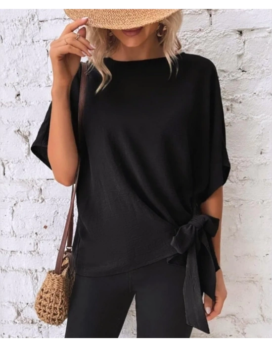 Kadın Kısa Kollu Bisiklet Yaka Yandan Bağlamalı Aerobin Bluz