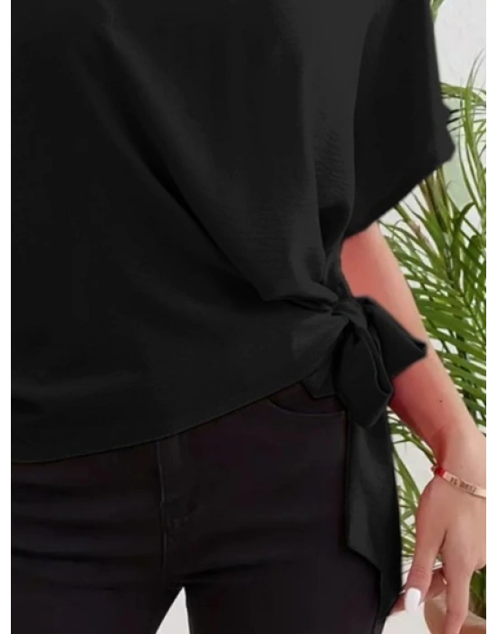 Kadın Kısa Kollu Bisiklet Yaka Yandan Bağlamalı Aerobin Bluz